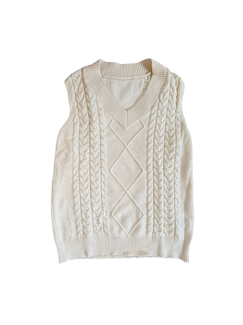 Cream Cable Knit Sweater Vest V-Neck Preppy Academic Sleeveless Sweater Small S